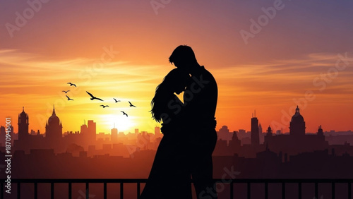 Couple Embracing Silhouetted Against City Skyline at Sunset