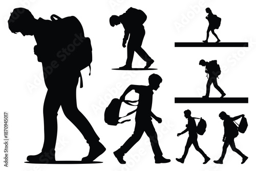 Black silhouettes of people carrying large bundles and backpacks