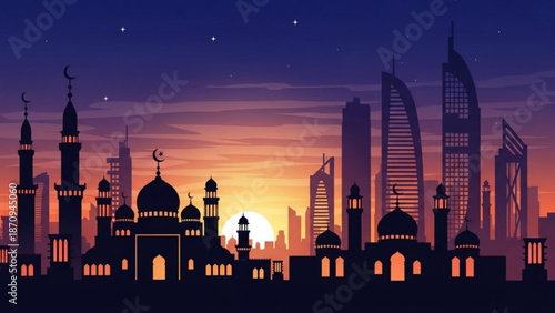 Dubai Mosque Silhouette against Sunset Skyline at Dusk, Islamic Architecture, Vector Illustration