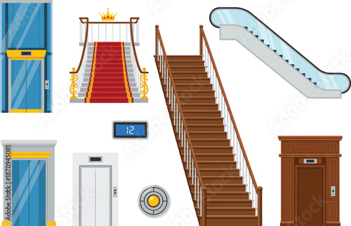 Building interior elements illustration set with elevators, stairs, escalator and luxury staircase for architecture and navigation design