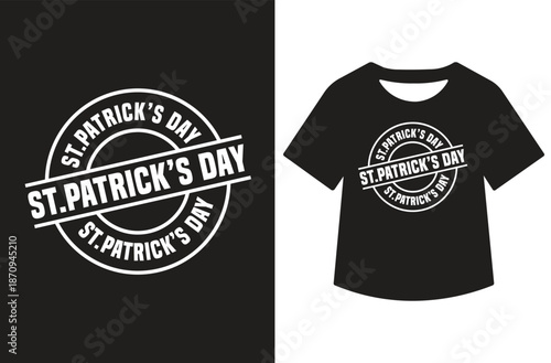 White St. Patrick's Day artwork featuring leprechaun hat, shamrocks, and swirling "Happy St. Patrick's Day" script, displayed standalone and on a black T-shirt mockup.