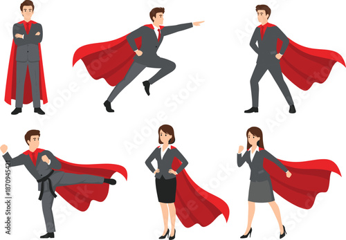 Business superhero character illustration set with confident men and women wearing red capes in powerful action poses