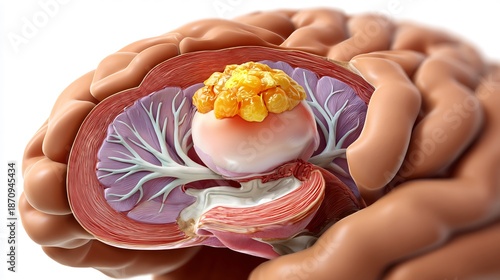 Flat realistic illustration of pineal gland tumor showing brain center anatomy localized tumor smooth gradients neurological educational style