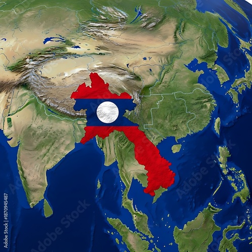 Laos flag map on relief earth globe showing southeast asia region for education geography
