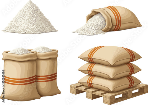 Rice grain and sack illustration set with packaged bags, bulk storage and food agriculture supply vector design