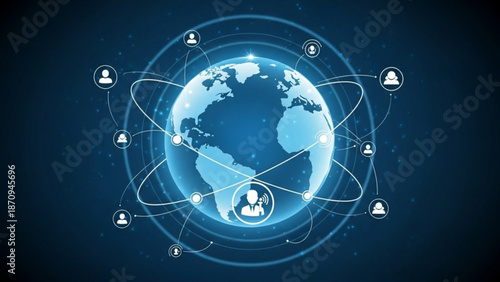 Global Network Connection with People Icons around the World Map on Dark Blue Background