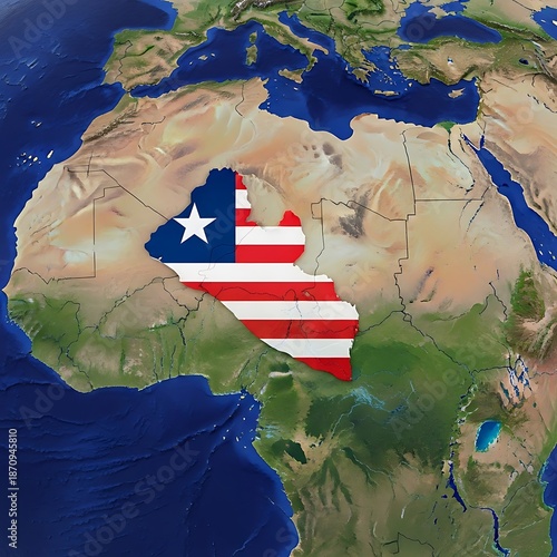 Liberian flag with single star pattern covering northern africa region on satellite mapping