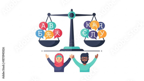 Diverse People Balancing Scales with Letters and Symbols Representing Language and Communication