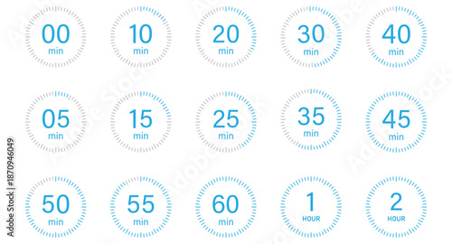 Minute Timer, clock, watch icon set. 0 to 60 min and 1, 2 hour  watch icon vector. cooking, countdown, running timer vector illustration.