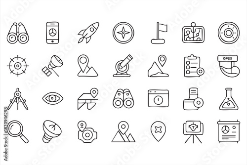 Navigation and Mapping Outline Icons for GPS Apps, Travel Dashboards