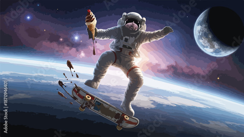 A bear in a space suit riding a skateboard in space with ice cream