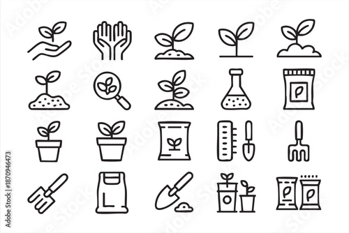 Gardening and Plant Care Outline Icons for Eco Apps, Farm Dashboards