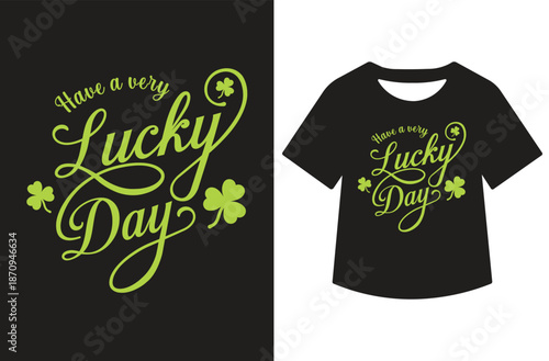 Monochrome "Lucky" typography with swirling accents, leprechaun hat, and shamrocks, showcased standalone and on white T-shirt mockup. Versatile black vector design perfect.