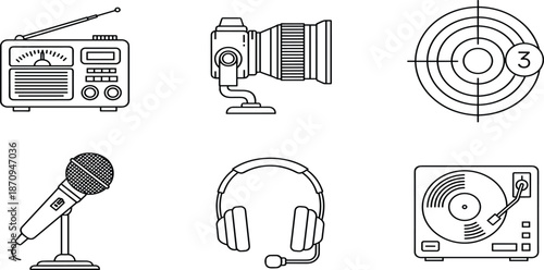 PrintLinear vector illustration set of media icons featuring retro radio, video camera, film countdown, microphone, headset, and turntable on white.