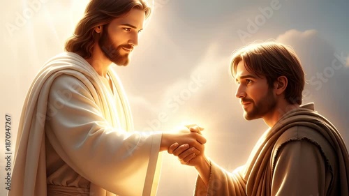 Jesus Christ extends a helping hand to man from heaven. A religious concept for Christianity and the Orthodox faith. Spiritual help and guidance.