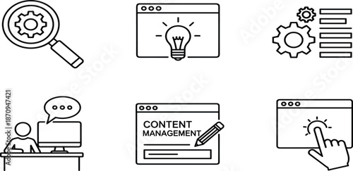 Web Development And SEO Line Icon Set Featuring Content Management System Search Settings Idea Bulb And User Interaction Illustrations