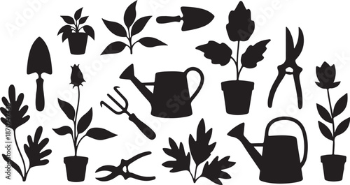 Gardening tools and plants in black silhouette style