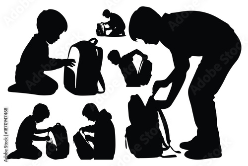 Silhouettes of people handling backpacks and bags carrying