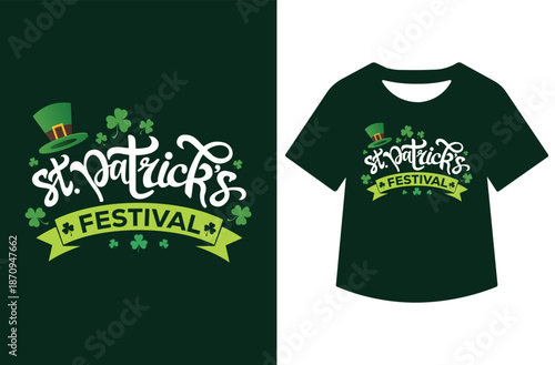 Green St. Patrick's Day illustration with leprechaun hat, shamrocks, and elegant white "Happy St. Patrick's Day" script, presented alone and on black T-shirt mockup.