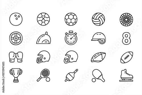 Sports Equipment Outline Icons for Fitness Apps, Training Dashboards
