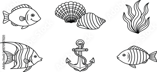 Marine Life and Nautical Line Art Icon Set Featuring Tropical Fish Sea Shells Ocean Seaweed Anchor and Underwater Nature Design Elements