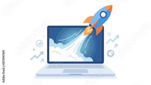 A rocket launching from a laptop screen, symbolizing fast startup and performance.