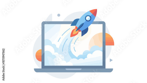 A stylized illustration of a rocket launching from a laptop screen, symbolizing startup and innovation.