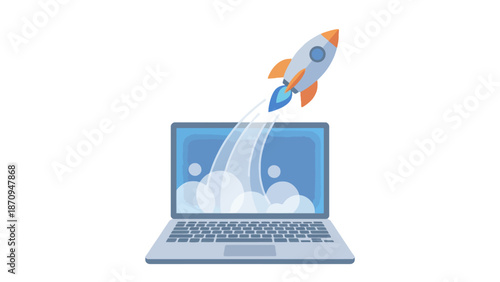 A rocket launching out of a laptop screen, symbolizing fast startup or digital innovation.