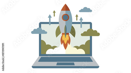 A rocket launching from a laptop screen, symbolizing startup growth and technological advancement.
