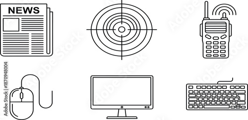 Media and technology icon set featuring newspaper, target symbol, walkie talkie, computer mouse, desktop monitor, and keyboard in thin line style.