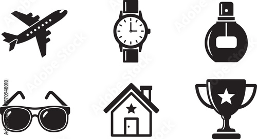 Travel fashion and lifestyle monochrome silhouette icons set for design usage.