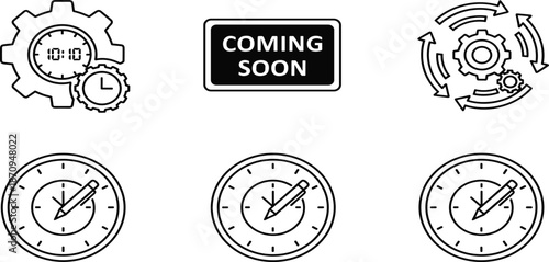 Time management and productivity icon set featuring coming soon banner, gears with clock, process cycle, and analog watch with pencil,