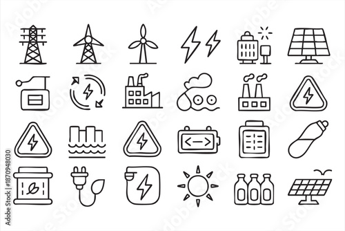Renewable Energy Outline Icons for Sustainability Apps, Green Tech Interfaces