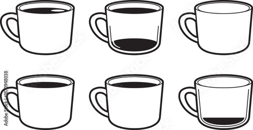 Various coffee mugs and cups outline monochrome isolated set collection vector.