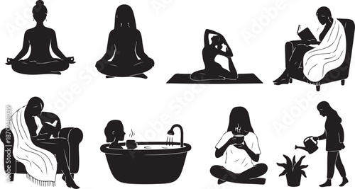 Silhouettes of women in various relaxing poses and activities