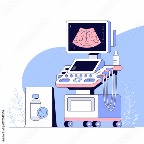 Medical ultrasound machine in a clinical setting with equipment