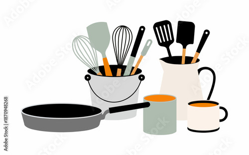 Kitchen utensils and tools in containers illustration