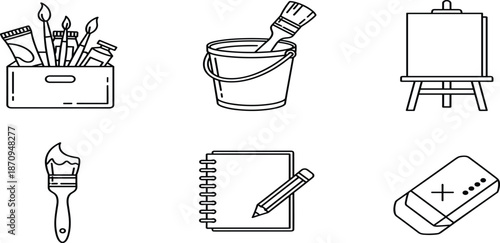 Creative art supplies line icon set featuring paint brushes, easel, sketchbook, pencil, eraser, and bucket for painting and hobby projects. (Exactly 20 words)