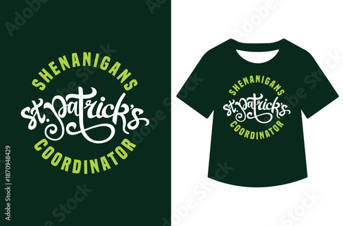 Green St. Patrick's Day illustration with leprechaun hat, shamrocks, and elegant white "Happy St. Patrick's Day" script, presented alone and on black T-shirt mockup.