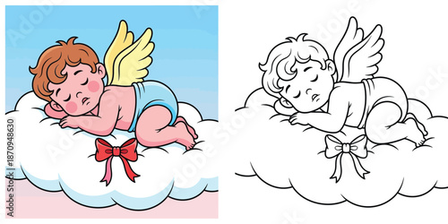 Cute baby cupid sleeping on a cloud with bow vector illustration for coloring book page and Valentine's Day card design