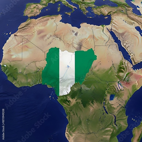 Nigeria flag map on africa globe with physical land features relief map background