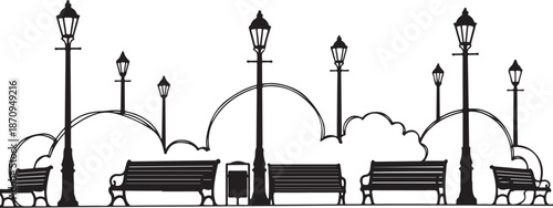 Black and white city park street lamps benches