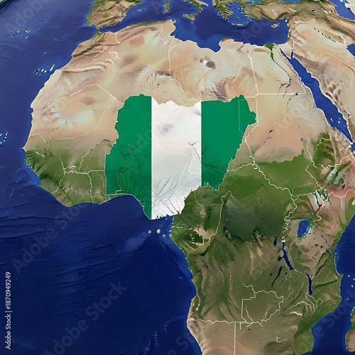Nigeria country map overlaid with national flag symbol in africa