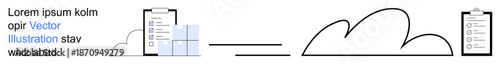 Task organization, productivity, cloud storage, remote work, technology, checklist management. Clipboards, outlined clouds and boxes arranged in a clean format. Task organization and productivity