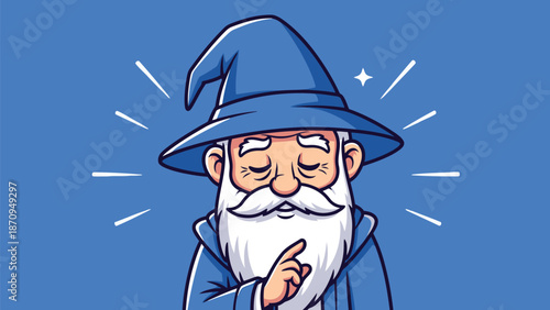 A cartoon old wizard in a blue robe and hat with a long white beard puts a finger to his lips, suggesting silence or a secret.