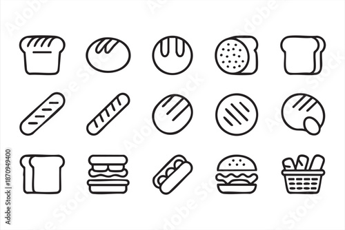 Bread and Bun Line Icons for Grocery Ecommerce Platforms