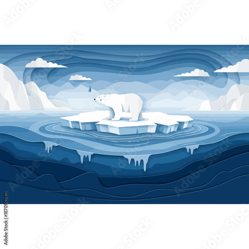 Polar Bear on Melting Ice Floe, Arctic Wildlife Conservation Concept