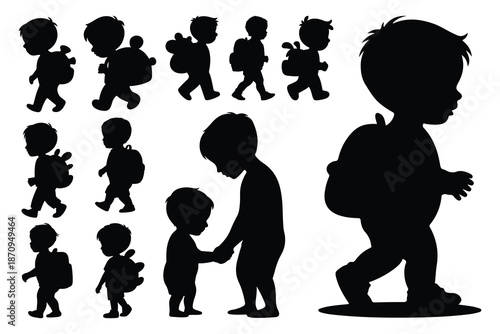Silhouettes of children and adults with backpacks walking and interacting