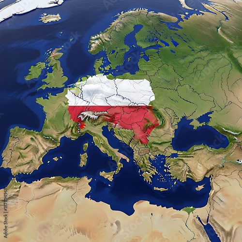Poland flag overlaying central Europe map from space with national borders satellite view