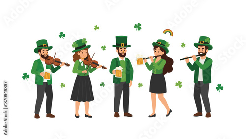 Group of five people dressed in green playing traditional Irish music instruments and holding beer mugs, celebrating St. Patrick's Day with clovers and a rainbow.